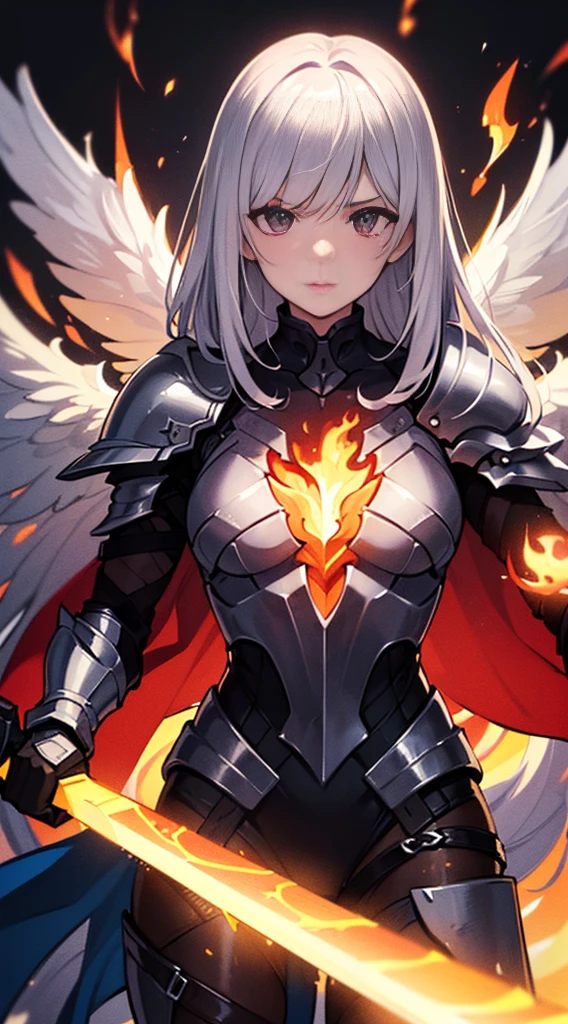 ((Ultra-fine illustrations, 8k, masterpiece :1.2, Sharp focus :1.2, Depth of written boundary:1.2)), Beautiful female swordsman, Disorganized, Highly detailed face and skin texture, Silver Hair, Jet Black Armor, Flame Armor, Cloak on Fire, Flaming Sword, Wings of Fire, Determination to overcome sadness, There's a sign of determination in your gentle eyes , Strong Soul、Full Body Shot