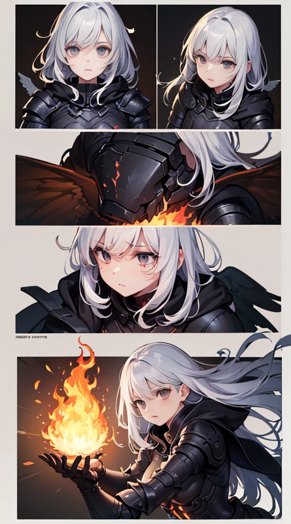 ((Ultra-fine illustrations, 8k, masterpiece :1.2, Sharp focus :1.2, Depth of written boundary:1.2)), Beautiful female swordsman, Disorganized, Highly detailed face and skin texture, Silver Hair, Jet Black Armor, Flame Armor, Cloak on Fire, Flaming Sword, Wings of Fire, Determination to overcome sadness, There&#39;s a sign of determination in your gentle eyes , Strong Soul、Full Body Shot