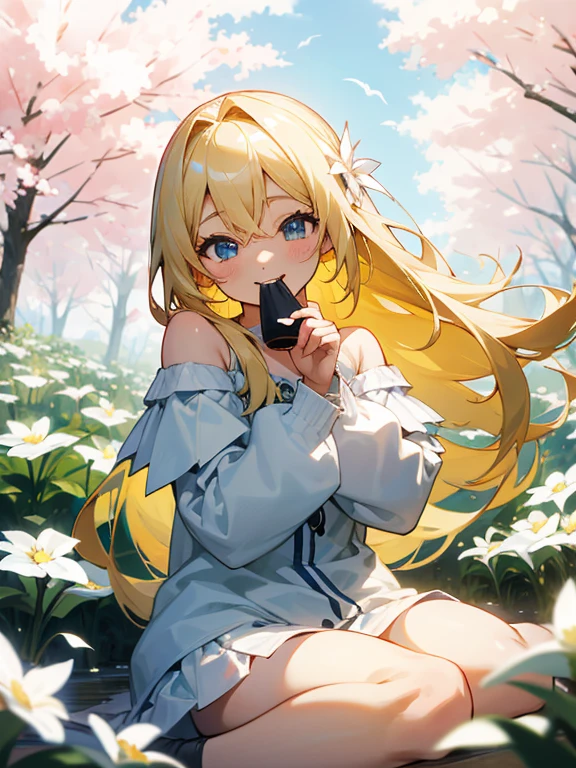 Smiling with eyes and mouth open、A pretty blonde girl sitting in a wariza in a flower park。She had her long hair blowing in the wind、Surrounding flowers々Surrounded by the scent of。That smile is、As warm as the spring sunshine、Gives a pleasant feeling of happiness。She is such a、White off-shoulder、Wearing a miniskirt、It's like a single flower blooming in the park.、Cleavage。Panty Shot、White panties visible。Expand your imagination、What charm will her smile have in this landscape?、Picture it。