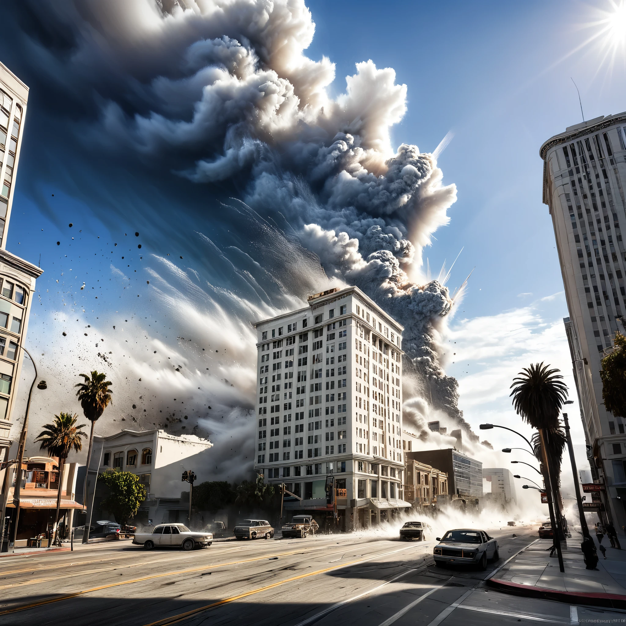 A hyper-realistic image capturing the intense moments of a massive earthquake striking Los Angeles, as cracks rip through the streets and skyscrapers crumble, sending clouds of dust billowing into the sky.