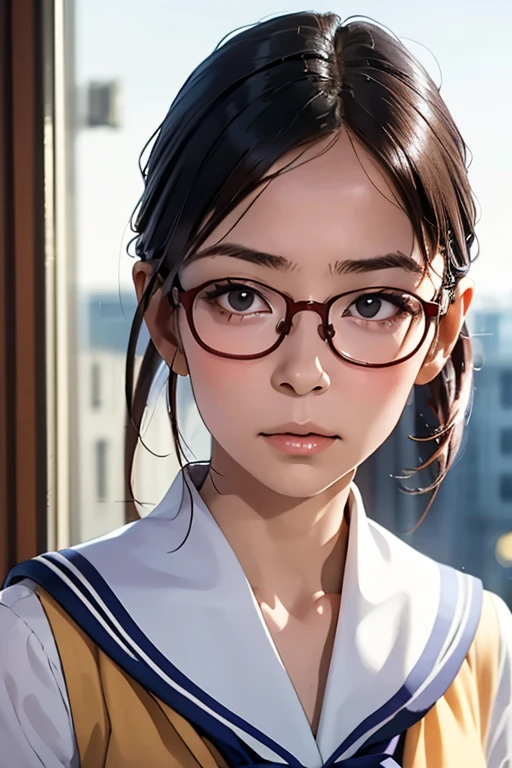 (masterpiece, highest quality), One Girl, Satou, Satou, Glasses, 赤いフレームのGlasses, Sailor suit, Satou, Glasses, 赤いフレームのGlasses, Head to Chest,