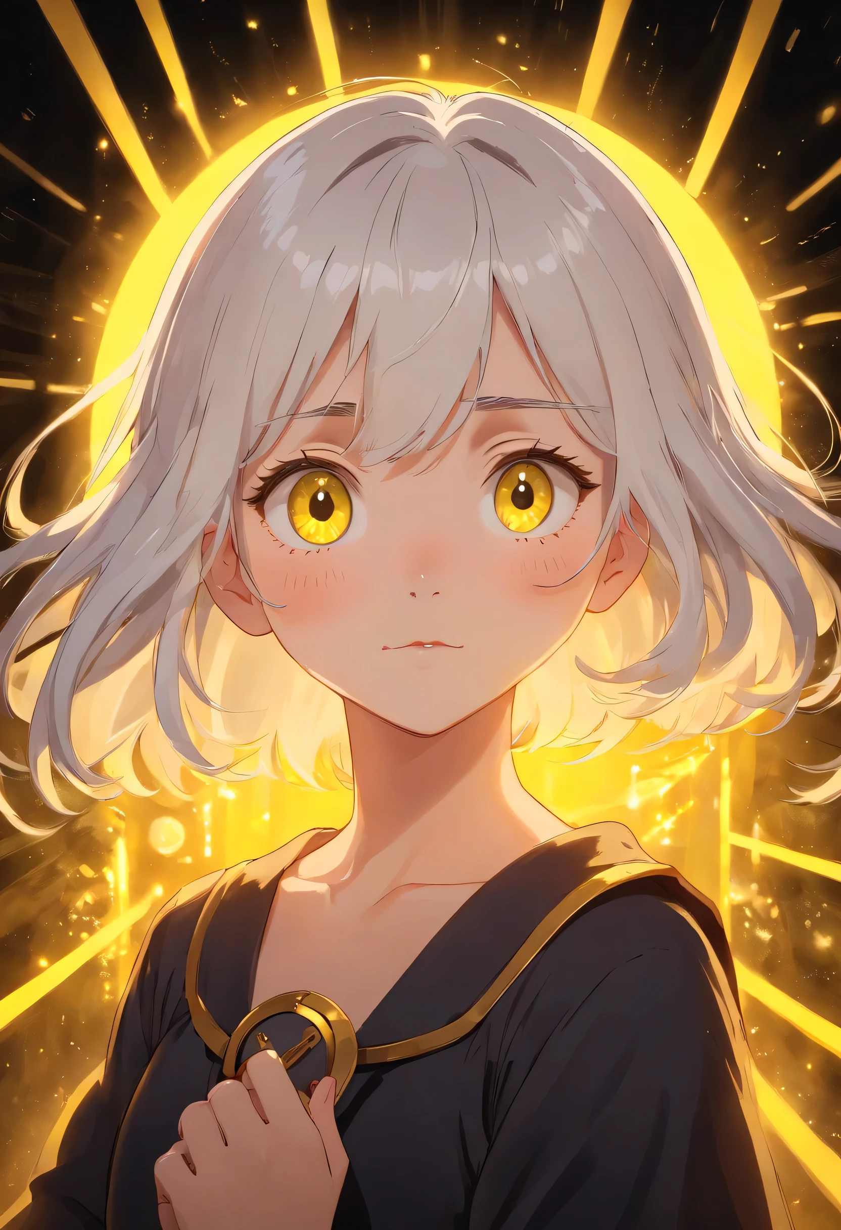 mksks style, 1girl, cute, surrounded by yellow lighting, gold eyes, white hair, black background, closeup, no smile, masterpiece, ultra detailed