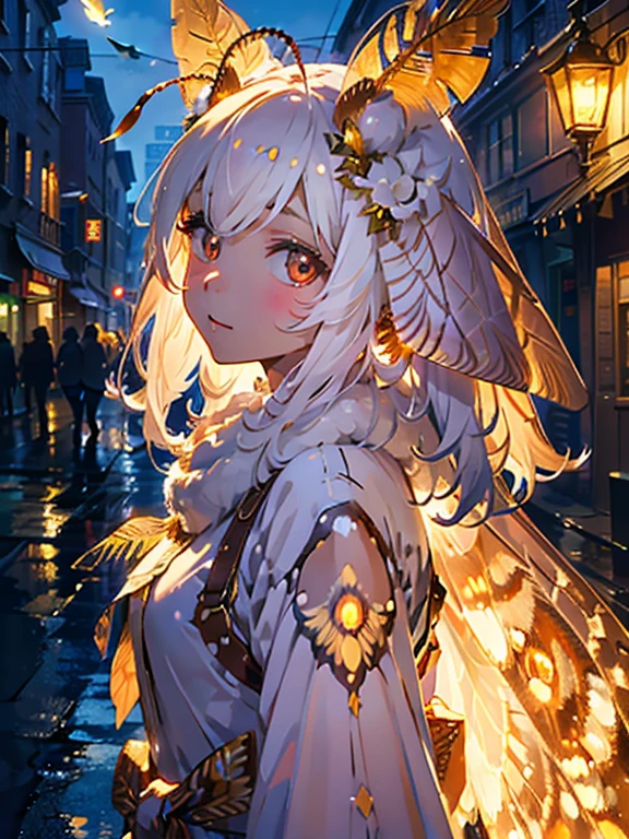 solo,1lady\(cute,kawaii,,skin color white,short white hair,(big moth wing hair:1.7),white dress\(beautiful race\),(2moth antennaes at hair:1.8),[moth wing on back:2.0],[moth wing on body:2.0],[moth wings:2.0],[extra arm],moth wing is only at hair,breast,dynamic pose,spit out silk from mouth,spun\),background\(night,moon,((beautiful street light))\), BREAK ,quality\(8k,wallpaper of extremely detailed CG unit, ​masterpiece,hight resolution,top-quality,top-quality real texture skin,hyper realisitic,increase the resolution,RAW photos,best qualtiy,highly detailed,the wallpaper,cinematic lighting,ray trace,golden ratio,\),bust up shot