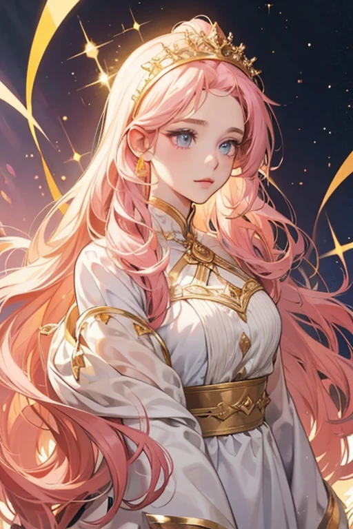 She is a, with long, cream and golden . The hair on her head is tied with a pink headband. SPARKLE; GLITTER