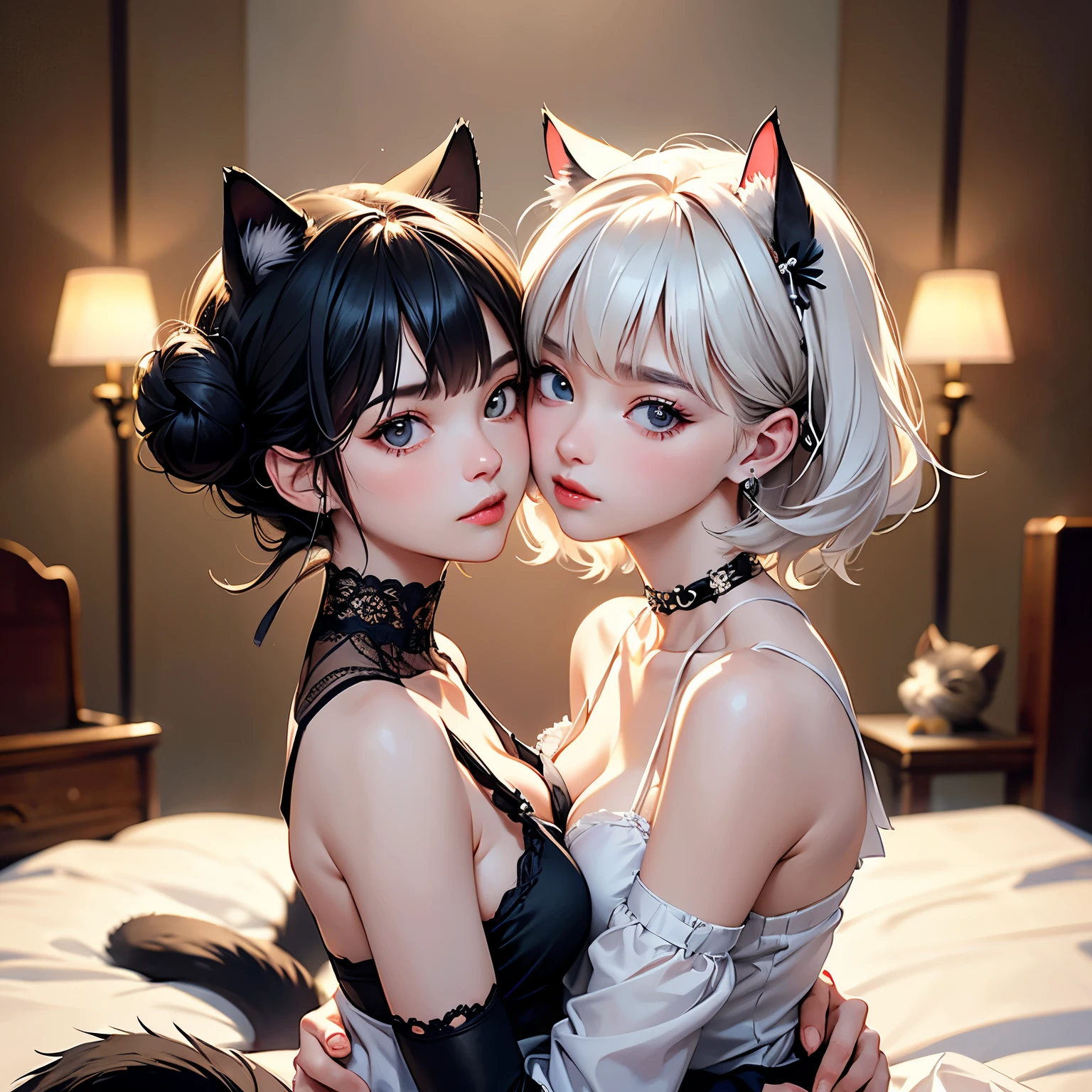 (highest quality, masterpiece, High resolution)、4K Anime Art、(Two women、20-year-old)、whole body、 (Detailed depiction of a cute face)、Black Hair、Short Hair、semi-long、Bobcut、Hair Bun、hair ornaments、(Cat ear)、Black Cat Costume、White Cat Costume、choker、(lingerie)、sexy mini dress、Captivating smile、Small breasts、(Two people hugging each other)、Cinematic Light、Soft Light、(indoor、dim、lamp)、(Simple Background)、((Blank background))、