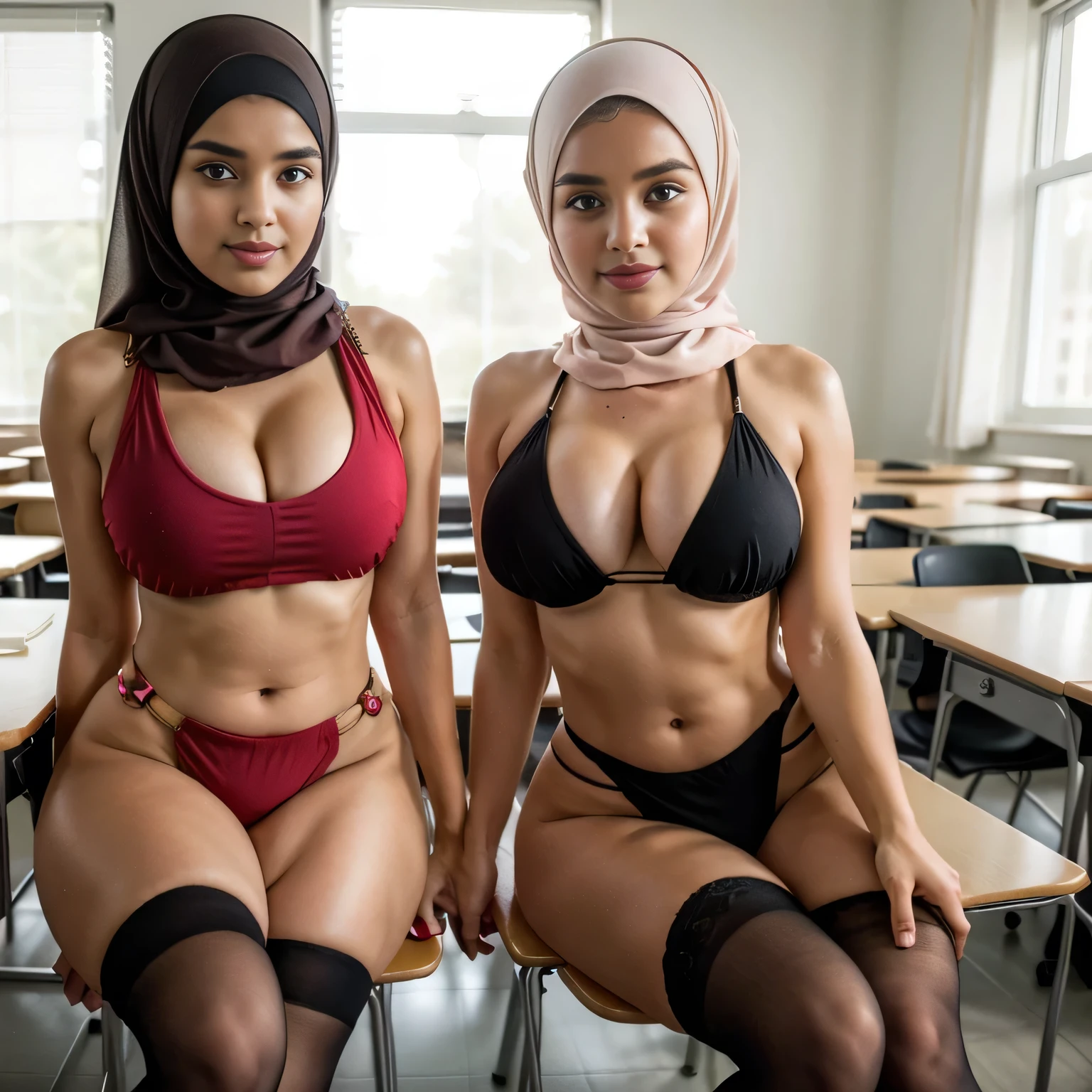 (portrait), In an empty classroom, two exceptionally voluptuous cute hijabi muslim schoolgirls sit side by side on a chair closely. Their baby faces radiate innocence and charm, captivating everyone who lays eyes on them. They share the same height and body proportions, adding to their adorable synchronicity. Both girls confidently wear vibrant ((extremely daring micro bikinis)) with hijabs that showcase their daring youthful energy. Their stockings give a playful flair to their outfits, perfectly complementing their vibrant personalities. Completing their stylish ensemble, they both wear matching thigh-highs, adding a touch of trendy fashion to their adorable appearance. As they sit together, their undeniable cuteness and striking similarities create an enchanting scene amidst the empty classroom, leaving a lasting impression on anyone who enters. (cleavage), ((cute)) ((baby faces)) ((petites)) tween teenage, ( kings), ((parted legs)), cute baby faces, parted lips, ((bare belly))'s, (bare shoulders), sleeveless, ((both wearing hijabs to covered their hair)), both wearing hijabs, both same height, both same body proportions