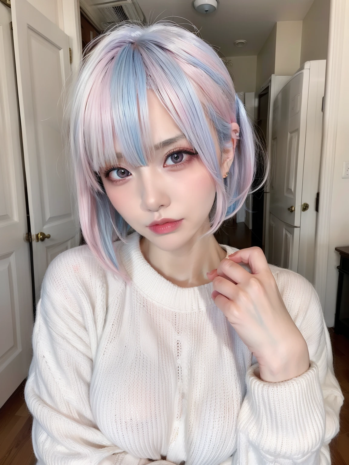 masterpiece, best quality, highly detailed,1girl,indoors, big breasts, adult, split-color hair, pink and blue hair, hair over eye, pose, knitted sweatshirt, side swept pixie