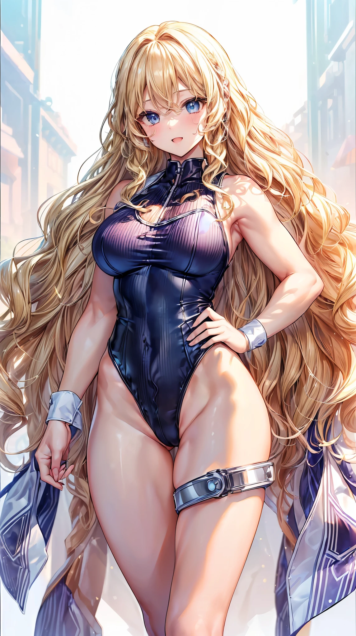 (Adult women:1.5)、Very detailed、highest quality、Best image quality、masterpiece、8k、Anime Face、A kind smile、(Open your mouth:1.3)、Sparkling blue eyes、(Blonde Wavy Hair:1.5)、、Muscles of the whole body、(High leg:1.5)、Thigh belt、(Wearing a leotard:1.5)、(Cowboy Shot:1.5)、SFW Giant、(Put your hands on your hips)