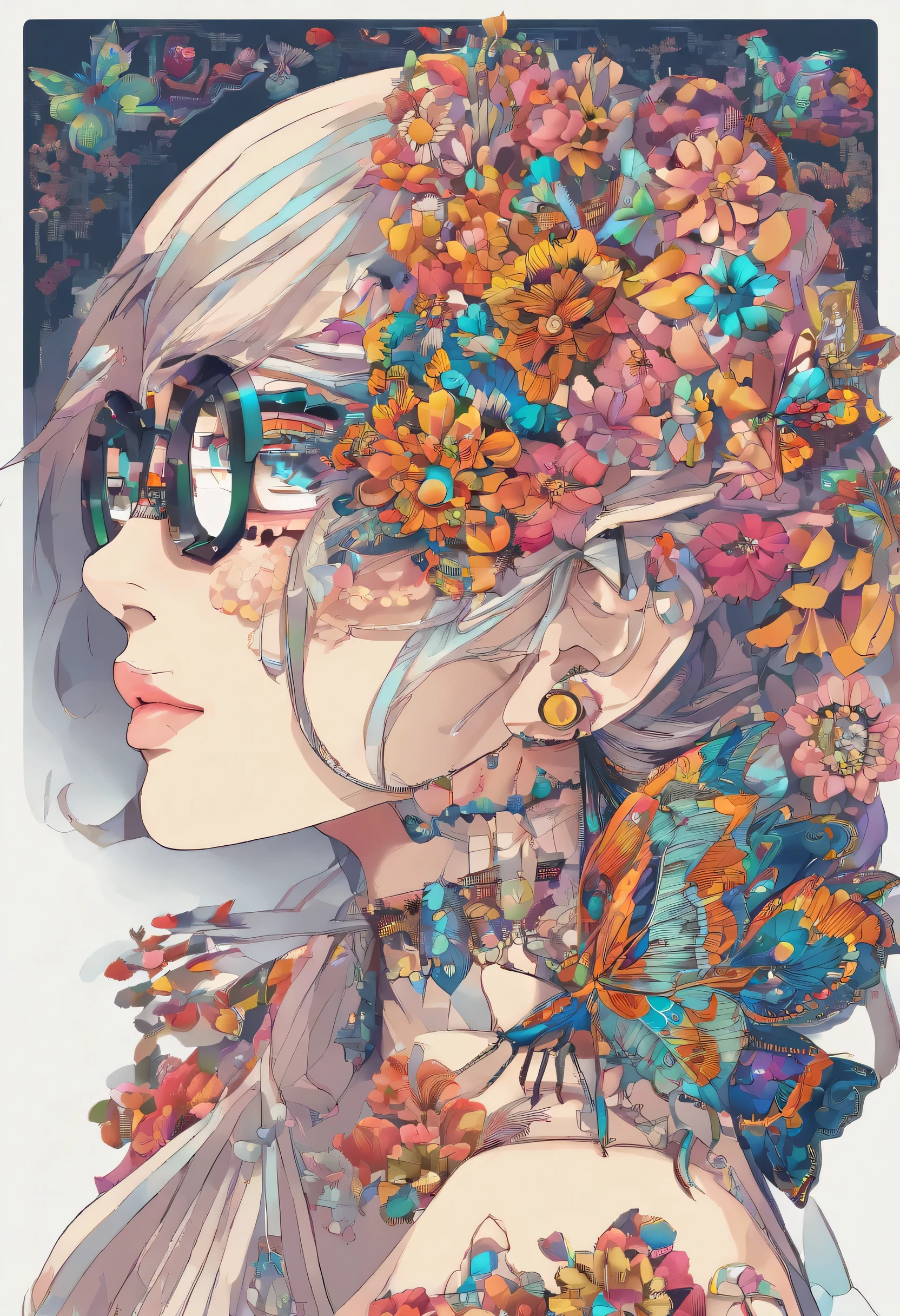 (masterpiece, top quality, best quality, official art, beautiful and aesthetic:1.2), (1girl), extreme detailed,(fractal art:1.3),colorful,highest detailed,upper body, [lace],[jewelry],[flower],[[butterfly]],