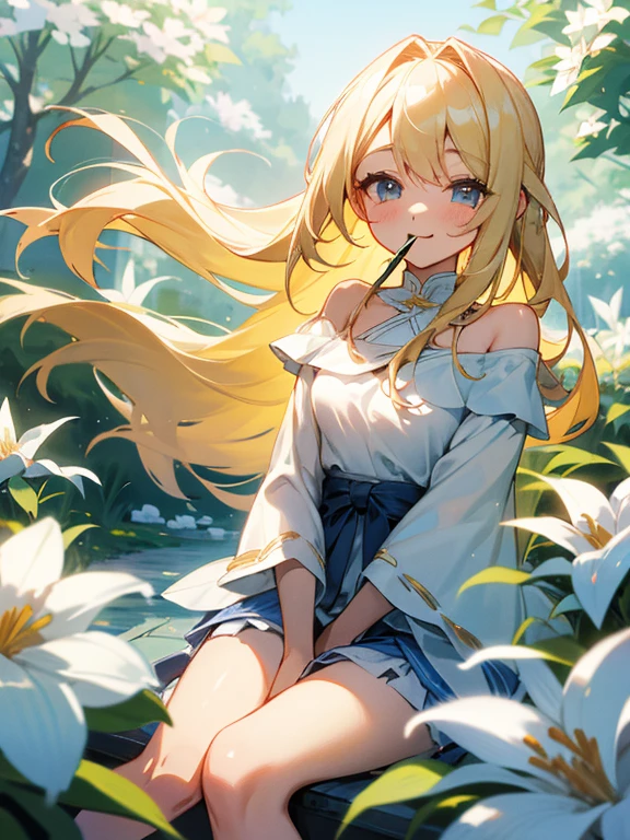 Smiling with eyes and mouth open、A pretty blonde girl sitting in a wariza in a flower park。She had her long hair blowing in the wind、Surrounding flowers々Surrounded by the scent of。That smile is、As warm as the spring sunshine、Gives a pleasant feeling of happiness。She is such a、White off-shoulder、Wearing a miniskirt、It's like a single flower blooming in the park.、Cleavage。Panty Shot、With her legs open, her white panties are visible。Expand your imagination、What charm will her smile have in this landscape?、Picture it。