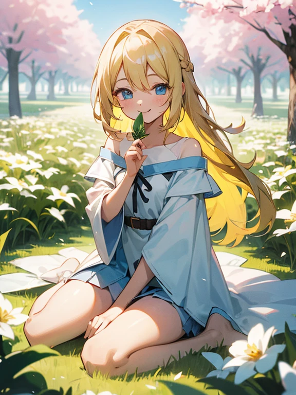 Smiling with eyes and mouth open、A pretty blonde girl sitting in a wariza in a flower park。She had her long hair blowing in the wind、Surrounding flowers々Surrounded by the scent of。That smile is、As warm as the spring sunshine、Gives a pleasant feeling of happiness。She is such a、White off-shoulder、Wearing a miniskirt、It&#39;s like a single flower blooming in the park.、Cleavage。Panty Shot、With her legs open, her white panties are visible。Expand your imagination、What charm will her smile have in this landscape?、Picture it。