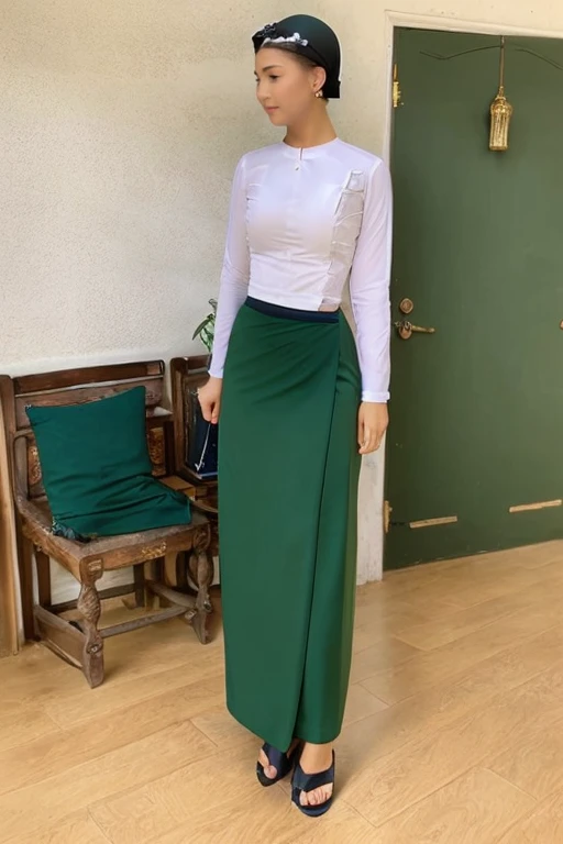 A school teacher is 50years old.Tall, thin, big hips, big breasts, blonde hair, small lips, blue eyes, attractive, 64K.Top=white Burmese blouse,With long sleeves,Buttoned at the side.Bottom=(Dark green) long skirt.
Footwear=female Burmese sandals,The hair is knotted bun.European.Nun Headpiece.