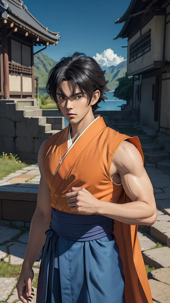 shokokomidef, Ultra realistic, 16k, high quality, incredibly detailed, dream aesthetic, dream atmosphere, pretty man, Son Goku (base form) from Dragon Ball Z (Majin buu saga), realistic silky black hair, hair messy fringe, intense eyes look, real shiny eyes, hair fluttering, blushing cheeks, tanned skin illuminated,realistic perfect shading, absurdres, realistic textures, pretty man, looking at viewer, standing, simple orange (sleeveless) kimono, dark blue shirt (under the kimono) details (realistic texture), quarry (background unfocused), masterpiece, best quality, Photorealistic.