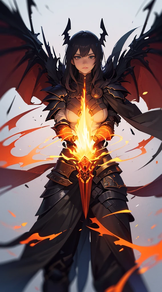 ((Ultra-fine illustrations, 8k, masterpiece :1.2, Sharp focus :1.2, Depth of written boundary:1.2)), Beautiful female swordsman, Disorganized, Highly detailed face and skin texture,Jet Black Armor, Flame Armor, Cloak on Fire, Flaming Sword, Wings of Fire, Determination to overcome sadness, There&#39;s a sign of determination in your gentle eyes , Strong Soul、Full Body Shot