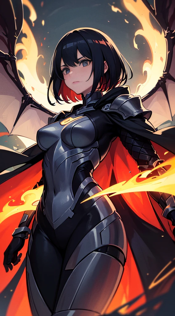 ((Ultra-fine illustrations, 8k, masterpiece :1.2, Sharp focus :1.2, Depth of written boundary:1.2)), Beautiful female swordsman, Disorganized, Highly detailed face and skin texture,Jet Black Armor, Flame Armor, Cloak on Fire, Flaming Sword, Wings of Fire, Determination to overcome sadness, There&#39;s a sign of determination in your gentle eyes , Strong Soul、Full Body Shot