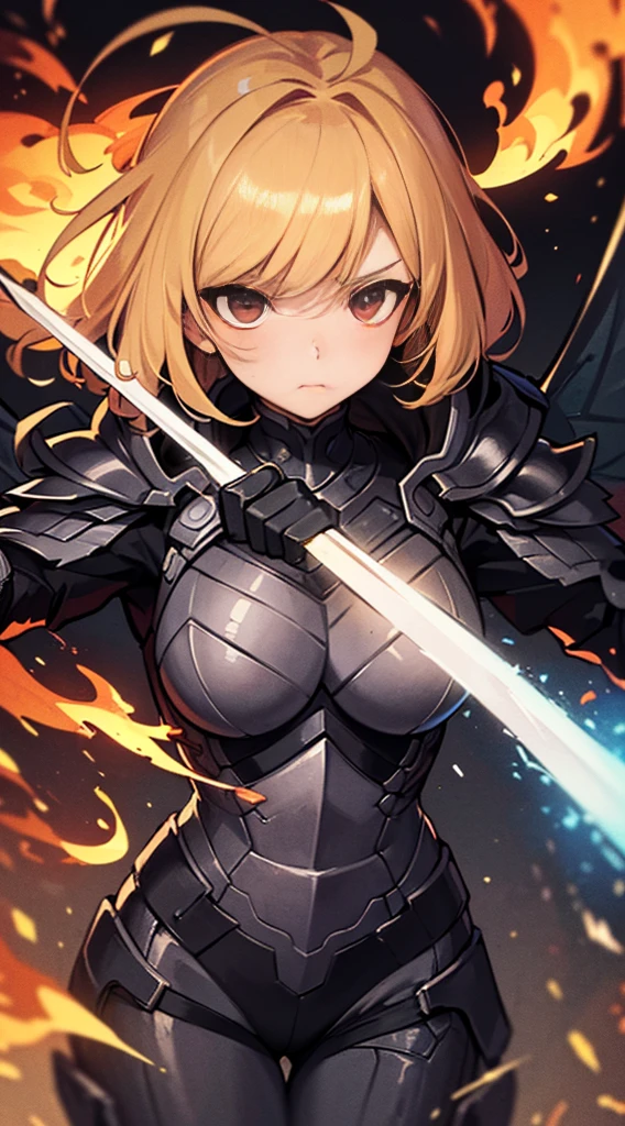 ((Ultra-fine illustrations, 8k, masterpiece :1.2, Sharp focus :1.2, Depth of written boundary:1.2)), Beautiful female swordsman, Disorganized, Highly detailed face and skin texture,Jet Black Armor, Flame Armor, Cloak on Fire, Flaming Sword, Wings of Fire, Determination to overcome sadness, There&#39;s a sign of determination in your gentle eyes , Strong Soul、Full Body Shot