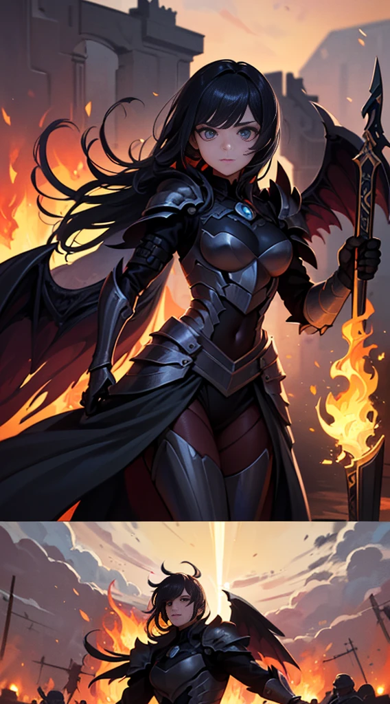 ((Ultra-fine illustrations, 8k, masterpiece :1.2, Sharp focus :1.2, Depth of written boundary:1.2)), Beautiful female swordsman, Disorganized, Highly detailed face and skin texture,Jet Black Armor, Flame Armor, Cloak on Fire, Flaming Sword, Wings of Fire, Determination to overcome sadness, There's a sign of determination in your gentle eyes , Strong Soul、Full Body Shot