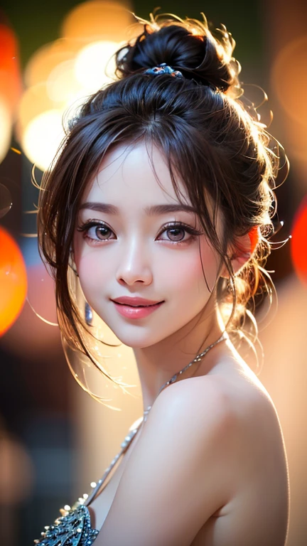 (UHigh resolution, retina, masterpiece, Accurate, Anatomically correct, Textured skin, Super Detail, Attention to detail, high quality, 最high quality, High resolution, 1080p, High resolution, 4K, 8k, 16k), (Beautiful fine details, Beautiful lip detail, Highly detailed eyes and face), Soft lighting, Physically Based Rendering, Vibrant colors, (Portraiture, 30 years old,Shiny brown hair, Shiny skin), Eye Reflexes, (Bokeh, nature:1.5), (mysterious, Feng shui master style,Smile)