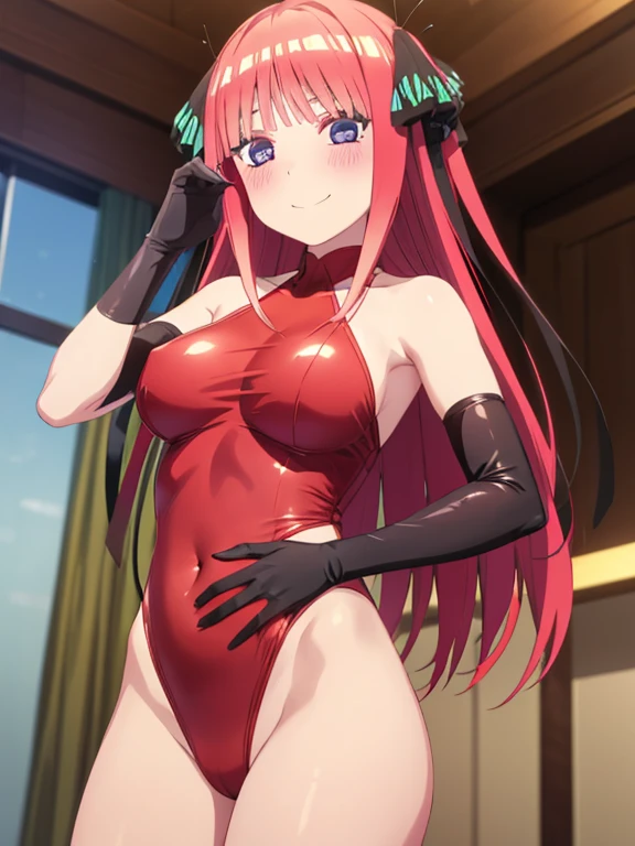 best quality, ultra-detailed masterpiece, nino nakano, blush, smile, (red leotard:1.2), elbow gloves, halter neck,bare shoulders, victory pose, (See-through clothes), Showing belly, Prom,