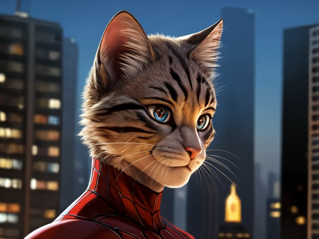 WalleCat as spidey, Hero, city on the background, Cat, portrait, beauty, Miracle, Movie