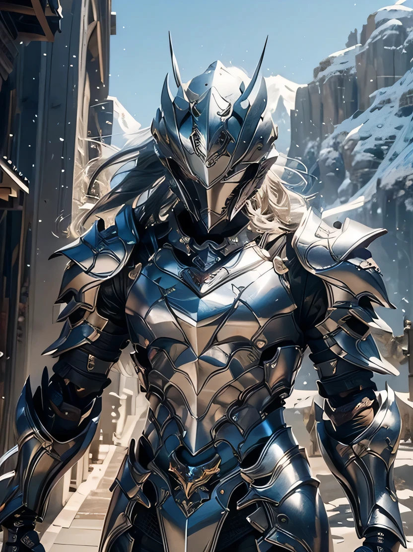 ((masterpiece、highest quality、Very detailed、High resolution、Photorealistic、Sharp focus、Cinema Lighting))、(One beautiful woman、Bust Shot、Focus on the chest up、Face Light))、Highly detailed fantasy background、Soft Light、Fine skin texture、Sharp Eye、(Watch and laugh at your audience)、White wavy long hair、Detailed face、Silver Armor、Helmet、Detailed Armor Textures、Shoulder Armor、Detailed hand drawing、Combat Ready、Dynamic Action、Particles of light fly、the wind is strong、Snowy mountains in the background