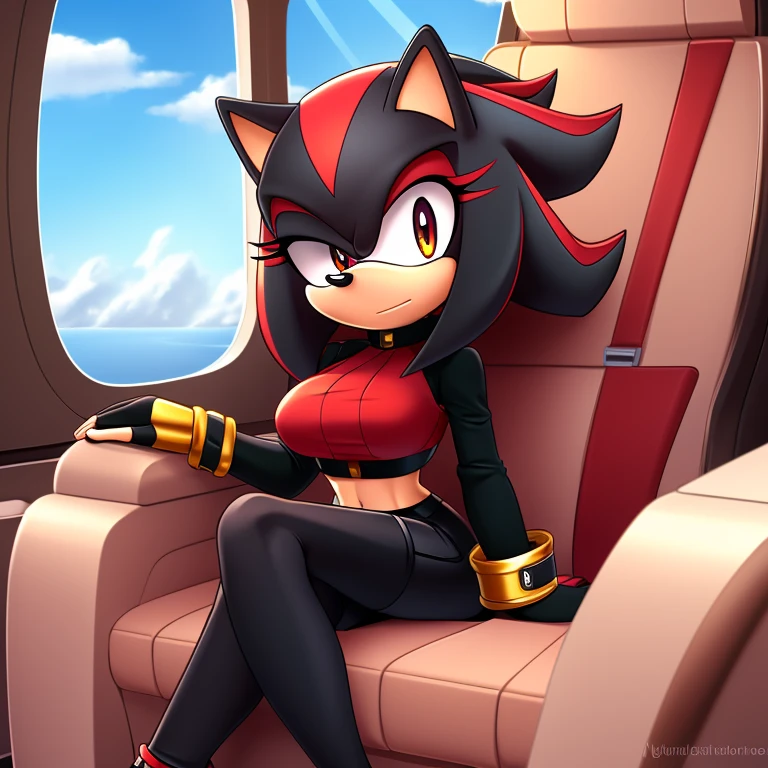 Mobian, female, (hedgehog similar to Shadow the Hedgehog but female), feminine eyelashes, large breasts, black fur, hair bangs, perfect feminine figure, intricate details, (detailed background), anime style, row of airplane seats, sharp focus, serious, furry female, (solo), hair over one eye,
black crop top with boob window, long black sleeves, fingerless red gloves with black cuffs, black tights, red waistband, white heeled sonic soap shoes