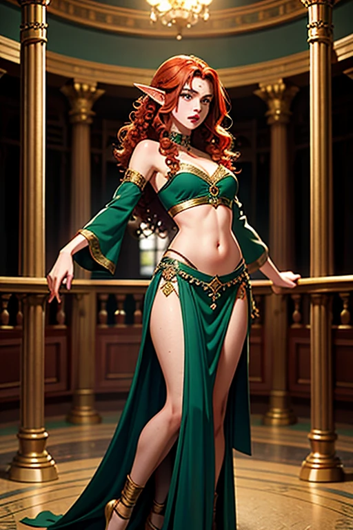 (masterpiece), best quality, expressive eyes, perfect face, in cage, skinny, (medium breast size), (18 years old), (arms at side), elf, female, slave, (freckles), (dark green eyes), (red hair), (curly hair), (belly dancer clothes), european face, (thick lips), pointy face, (worried look), (full body view)