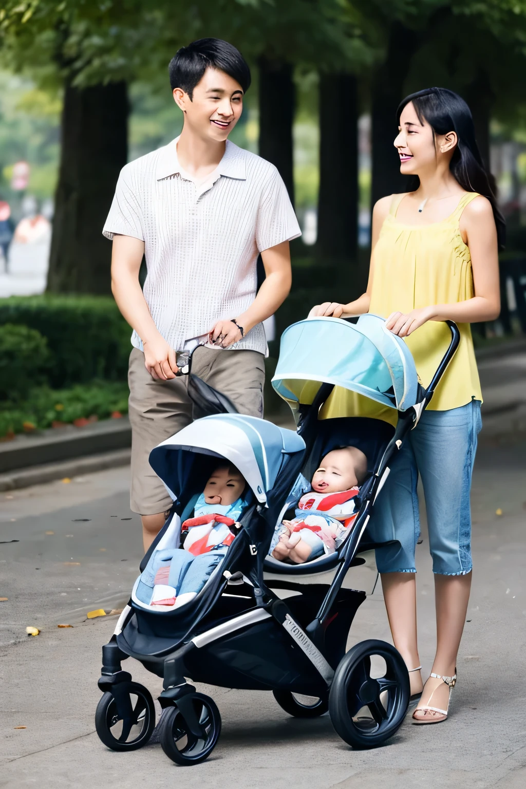 "Chinese couple", "twin babies", "baby stroller"