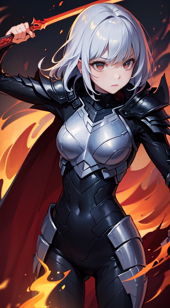 ((Ultra-fine illustrations, 8k, masterpiece :1.2, Sharp focus :1.2, Depth of written boundary:1.2)), Beautiful female swordsman, Disorganized, Highly detailed face and skin texture,Jet Black Armor, Flame Armor, Cloak on Fire, Flaming Sword, Wings of Fire, Determination to overcome sadness, There&#39;s a sign of determination in your gentle eyes , Strong Soul、Full Body Shot