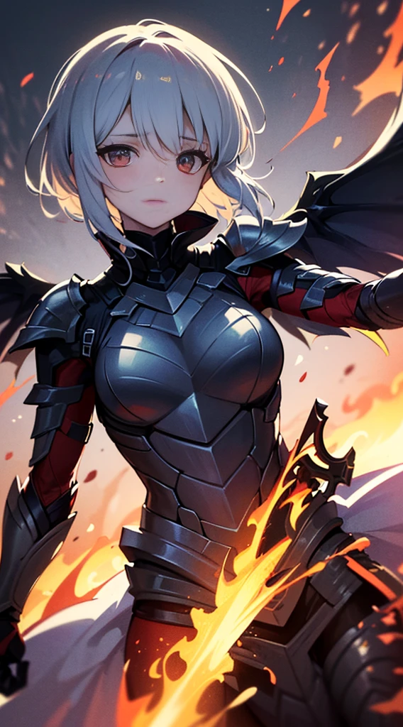 ((Ultra-fine illustrations, 8k, masterpiece :1.2, Sharp focus :1.2, Depth of written boundary:1.2)), Beautiful female swordsman, Disorganized, Highly detailed face and skin texture,Jet Black Armor, Flame Armor, Cloak on Fire, Flaming Sword, Wings of Fire, Determination to overcome sadness, There&#39;s a sign of determination in your gentle eyes , Strong Soul、Full Body Shot