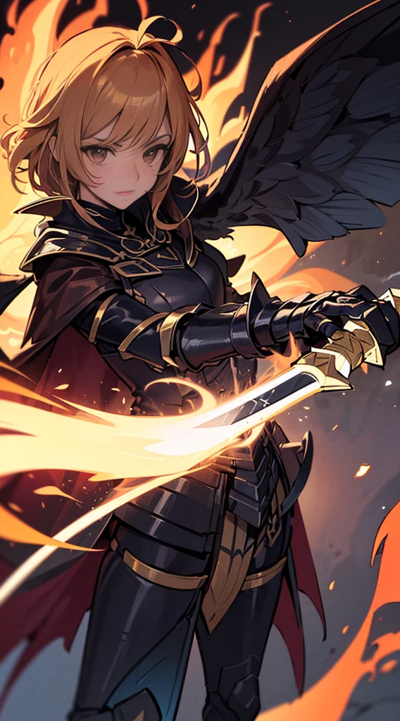 ((Ultra-fine illustrations, 8k, masterpiece :1.2, Sharp focus :1.2, Depth of written boundary:1.2)), Beautiful female swordsman, Disorganized, Highly detailed face and skin texture,Jet Black Armor, Flame Armor, Cloak on Fire, Flaming Sword, Wings of Fire, Determination to overcome sadness, There&#39;s a sign of determination in your gentle eyes , Strong Soul、Full Body Shot