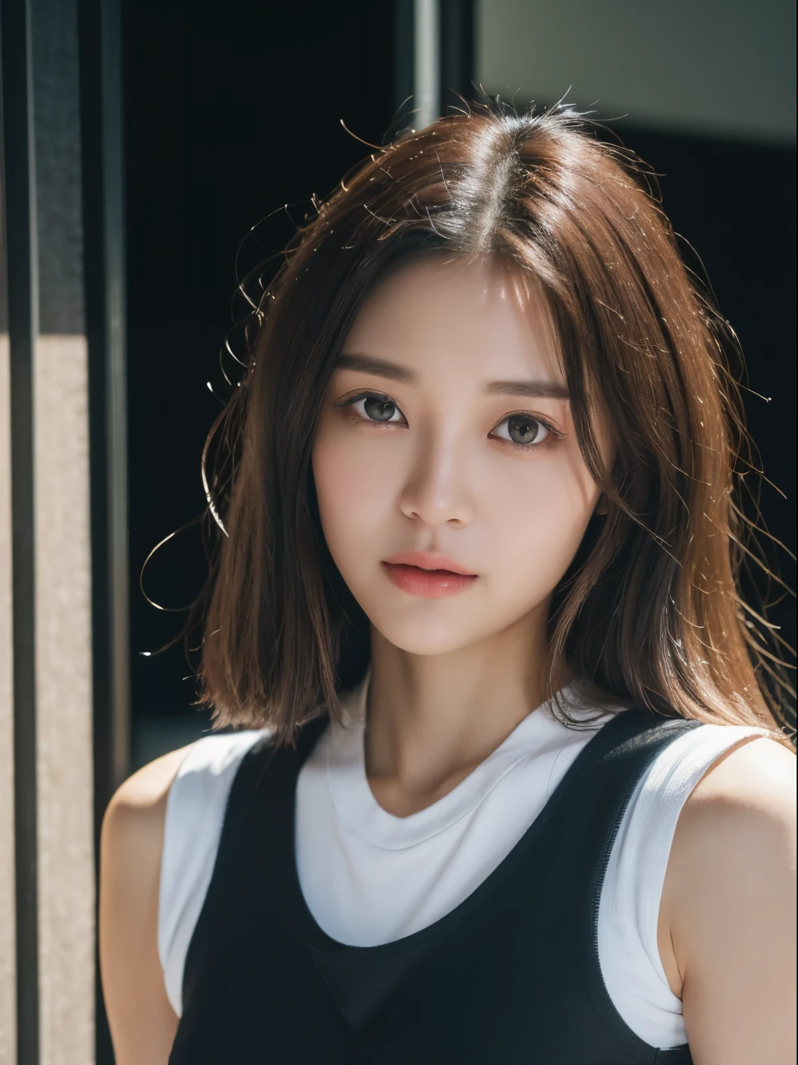 ((Realistic Lighting, best qualtiy, 8K, tmasterpiece:1.3)), sharp fokus:1.2, 1girll, Beautiful Women with Perfect Figure:1.4, Slim abs:1.1, ((dark brown  hair)), (tight vest:1.4）,（exteriors，In the daytime：1.1），Highway view，Ultra-fine face，Fine eyes，double eyelid，Exercise