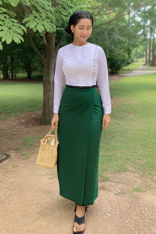 A school teacher is 50years old.Tall, thin, big hips, big breasts, blonde hair, small lips, blue eyes, attractive, 64K.Top=white Burmese blouse,With long sleeves,Buttoned at the side.Bottom=(Dark green) long skirt.
Footwear=female Burmese sandals,The hair is knotted bun.European.Nun Headpiece.
