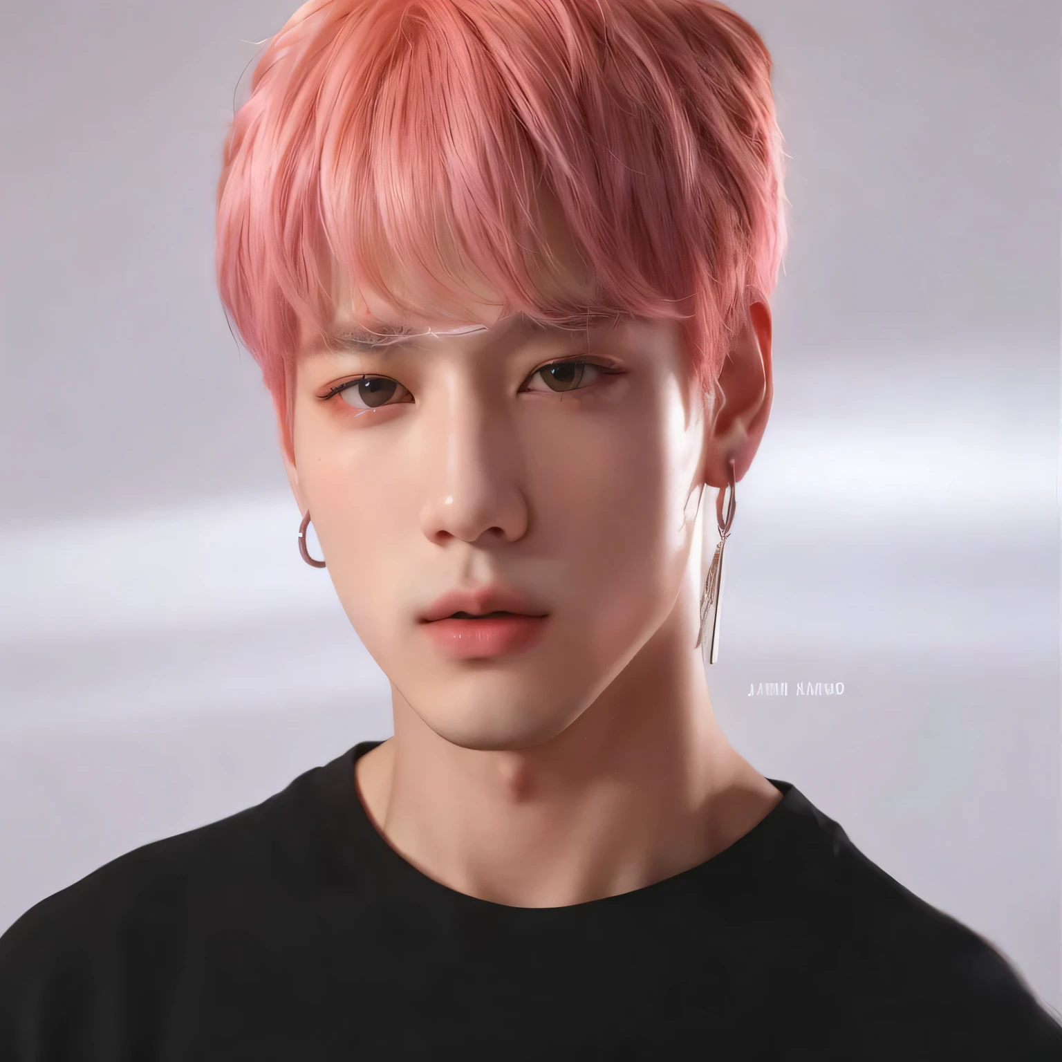 un primer plano de una persona con cabello rosado y aretes, cai xukun, jungkook, inspirado en Yanjun Cheng, Jimin\los labios carnosos, Jimin, kpop idol portrait, Jimin\his right eyelid is swollen, Yanjun Chengt, retrato de jossi de blackpink, park Jimin, Jimin\'s grecian nose, accurate Jimin face, hyung tae
