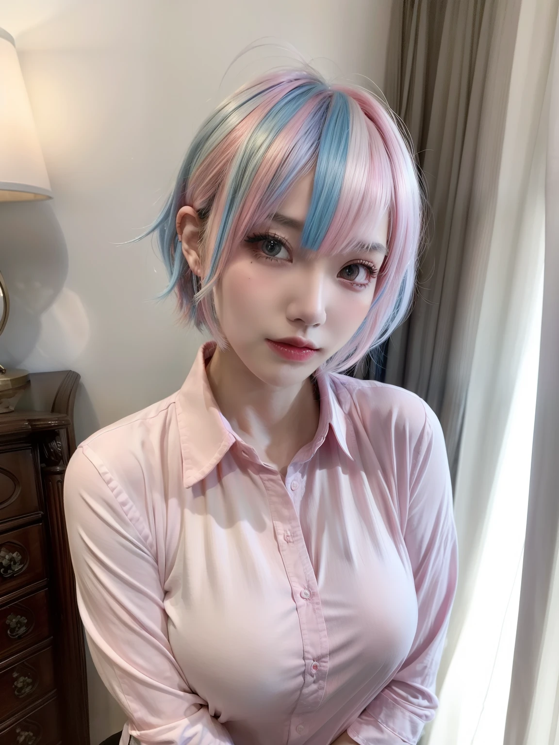 masterpiece, best quality, highly detailed,1girl,indoors, big breasts, adult, split-color hair, pink and blue hair, hair over eye, pose, collared shirt, side swept pixie