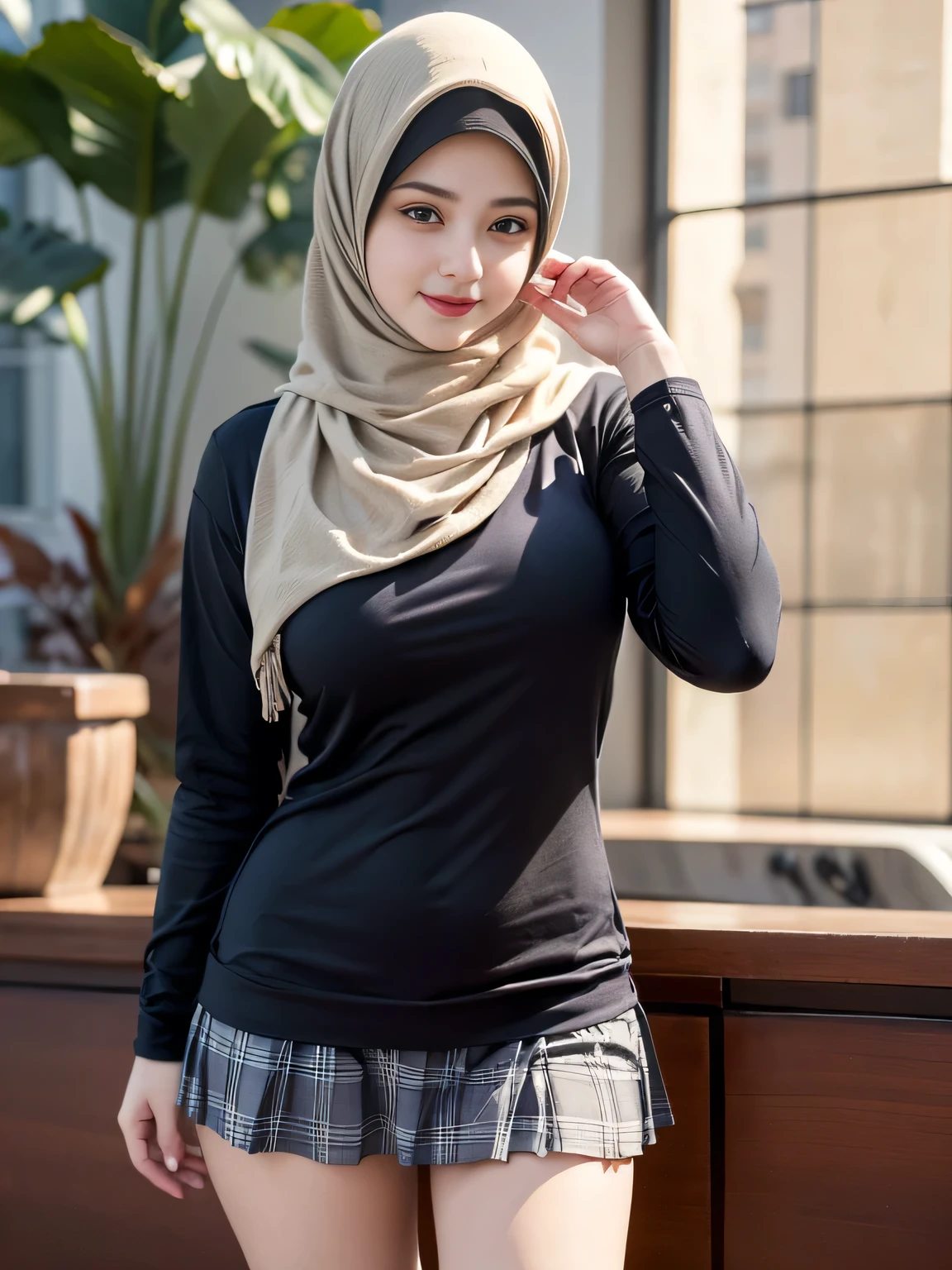(best quality,4k,highres,masterpiece:1.2), ultra-detailed, (realistic:1.37), professional, portrait, Arabian, model, hijab, photo studio, romantic background, beauty, large breast, body, sexy, dress, uniform, cosplay, student, plaid mini skirt, white panties, sensual pose, open legs, smile, vivid colors, Bokeh, soft lighting