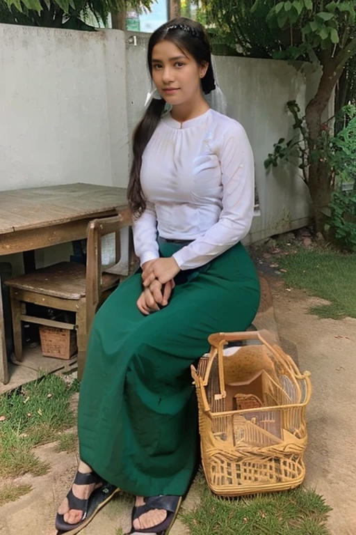 A school teacher is 60years old.Tall, thin, big hips, big breasts, blonde hair, small lips, blue eyes, attractive, 64K.Top=white Burmese blouse,With long sleeves,Buttoned at the side.Bottom=(Dark green) long skirt.
Footwear=female Burmese sandals,The hair is knotted bun.European.Nun Headpiece.