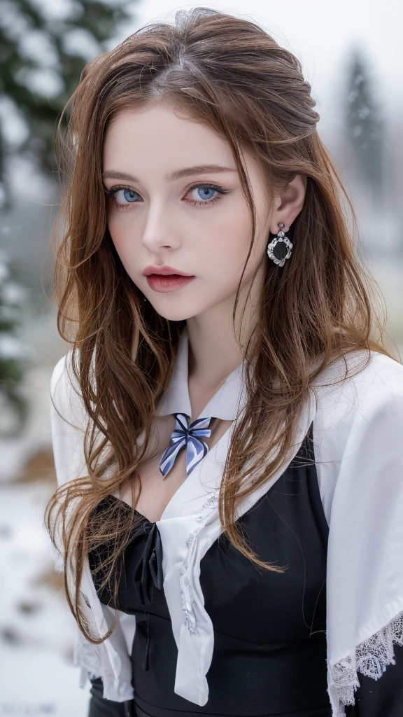 1 miniature Beautiful beautiful woman - Yuan Sayuki, ((top quality, 8K, Masterpiece:1.retty woman, 1 woman, huge breasts:1.3, a slim body:1.1, lush GINGER long hair with 2 buns, (shower, wet body, wet clothes:1.1), very detailed face, detailed lips, detailed eyes, double eyelids, Detailed blue eyes, чрезвычайно Detailed Outstanding Blue Eyes, long GINGER wet hair, GINGER wet hair, Detailed Outstanding Blue Eyes, innocent look at the viewer, very wet wavy white hair, Detailed Outstanding Blue Eyes, huge cross earrings, Outdoors, badges behind, gothic maid uniform,  sexy maid dress, bare chest, huge chest tattoo, detailed huge catholic cross earrings, chest tattoo, Outside, wear a silver cross (Detailed cross shape), reality mode, wet breasts, black necklace, human crowd behind, black latex gloves, hair of white snowy colour, night time, red neon lights, demonic nun, nimbus (golden lighting ring above her head), angel, snowy weather, sexy pose, white lingerie, black maid dress, detailed flower wreath made of different colours, open chest