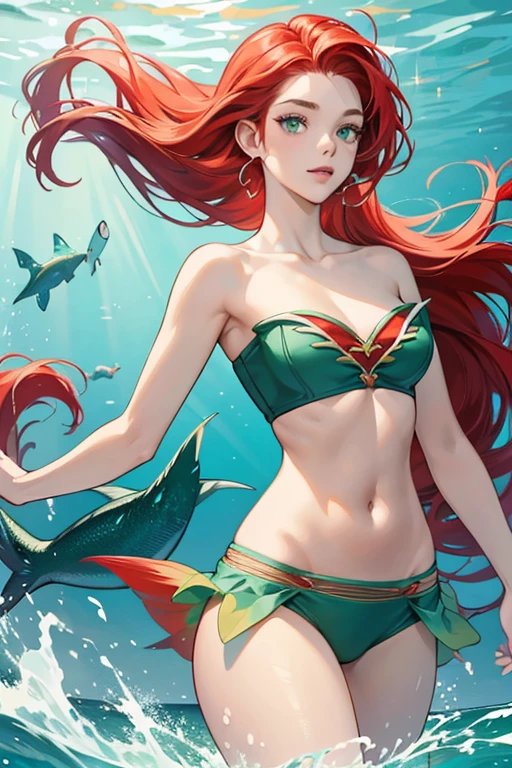 Ariel's most defining feature is her long, flowing, thick, bright red hair. From the waist down, she has a green horizontal fish-like tail with sea-green scales and sea-foam green fins and a matching V-shaped waistline resembling fish lips that reveals her midriff and her belly button. SPARKLE; GLITTER