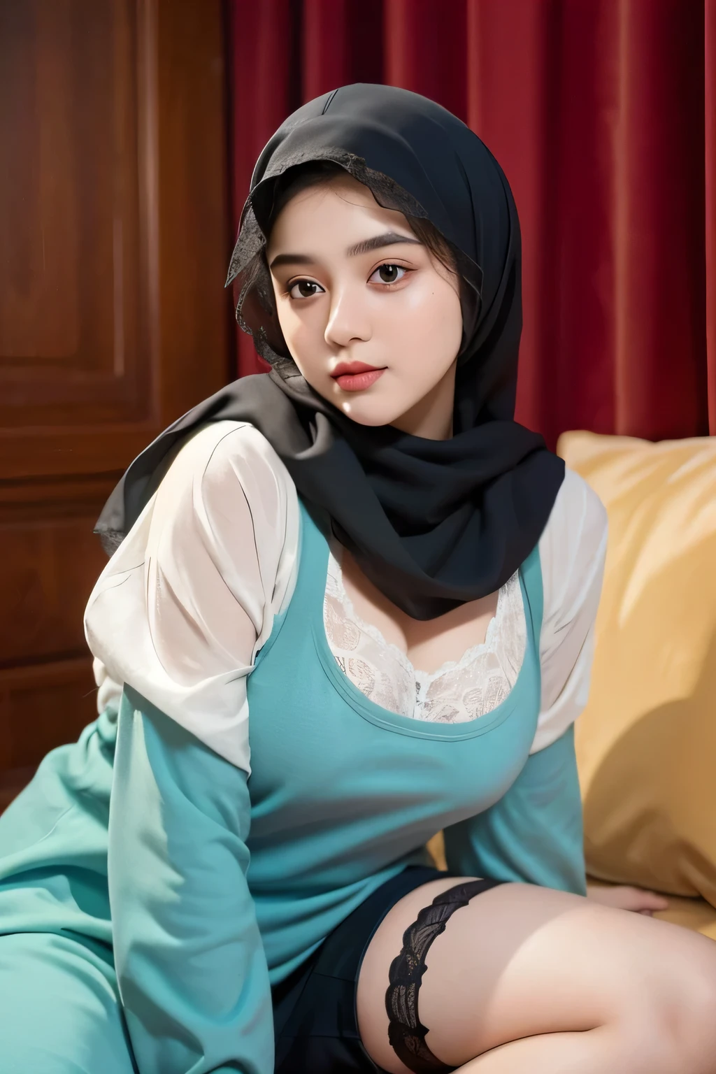 A Pakistan lady, 18 years old, with a very cute and baby-like face, wearing a lace suspender and a hijab, lying in a bedroom, straddling and looking in front of the camera with happiness, showcasing her realistic face and skin feeling. She has big breasts and a chubby physique, making her even more cute. The scene is set in a matrix world, creating a surreal and dreamlike atmosphere. The artwork is a masterpiece with high quality and UHD 32K resolution, ensuring ultra-detailed and realistic rendering. The lighting in the image is professionally done to enhance the overall composition. The color palette emphasizes vibrant and vivid tones, adding a touch of fantasy to the scene.