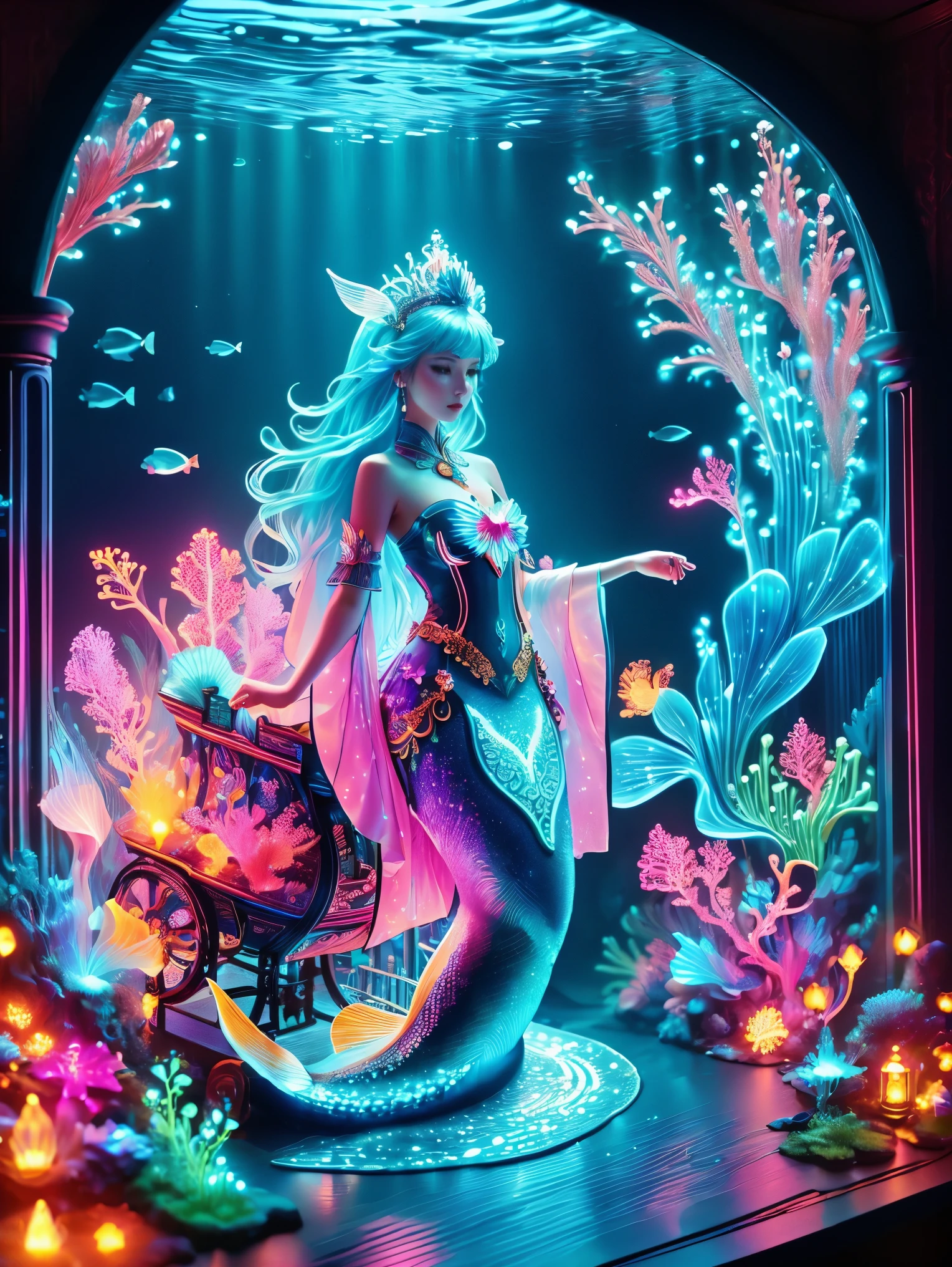 (Neon)，Circuit Board，(Underwater castle), Glowing coral, Aquatic plants, Elegant fish, Vibrant colors, (Brightly lit, illuminate), Scenes, central, (Gorgeous shell throne), (Exquisite mermaid queen:1.3), (Delicate face), Decorated with pearl and shell jewelry, Loyal subjects, Dolphin pulling cart, Castle Palace，这个神奇的Scenes充满了奇幻世界的精髓, Fine fractal，smooth，vivid，Color ink，sketch，Shiny silhouette，(Ultra HD, masterpiece, precise, Anatomically correct, textured skin, High Detail, high quality, The award-winning, 8k), Super detailed, (1.4 times more realism)