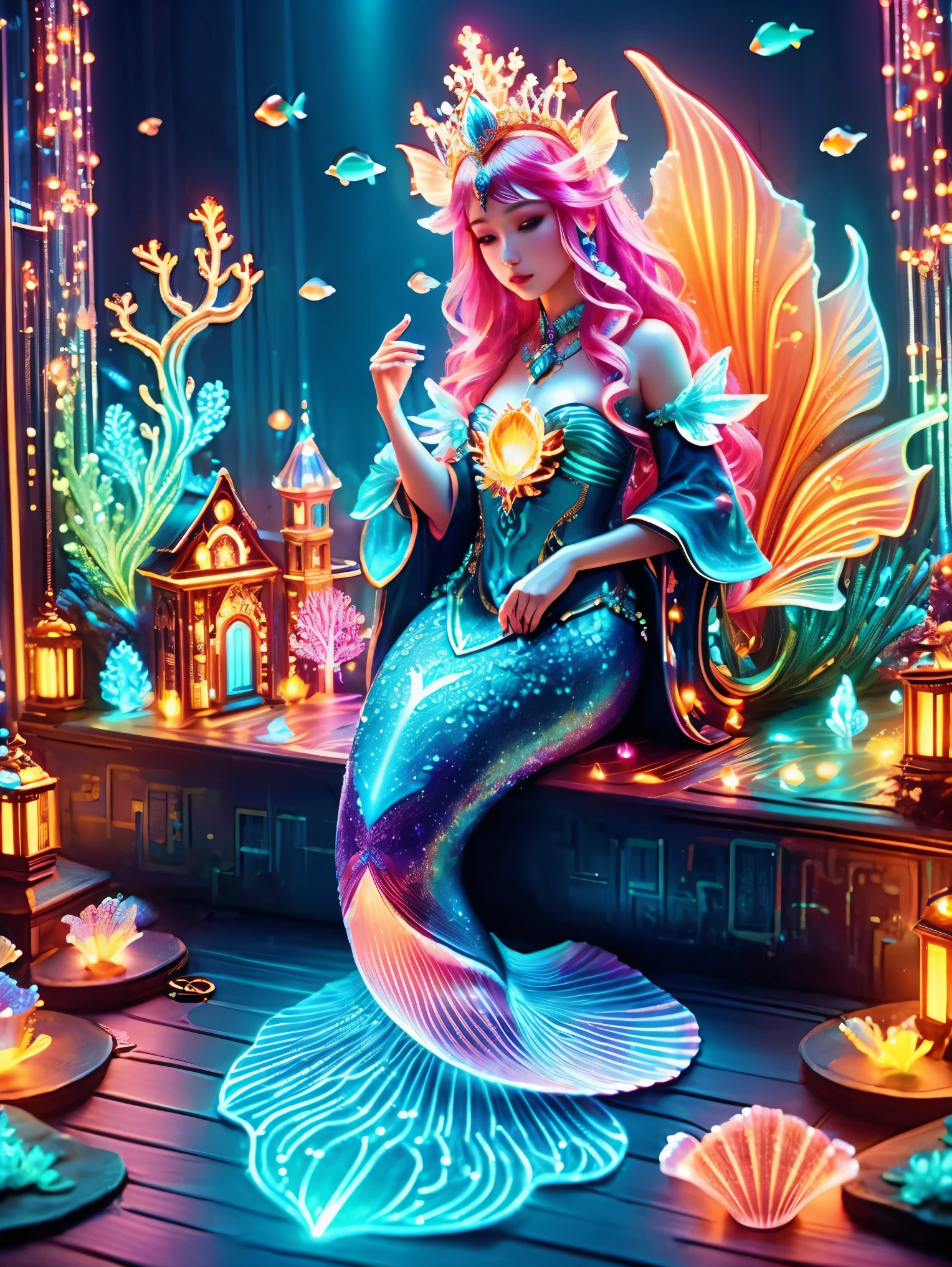 (Neon)，Circuit Board，(Underwater castle), Glowing coral, Aquatic plants, Elegant fish, Vibrant colors, (Brightly lit, illuminate), Scenes, central, (Gorgeous shell throne), (Exquisite mermaid queen:1.3), (Delicate face), Decorated with pearl and shell jewelry, Loyal subjects, Dolphin pulling cart, Castle Palace，这个神奇的Scenes充满了奇幻世界的精髓, Fine fractal，smooth，vivid，Color ink，sketch，Shiny silhouette，(Ultra HD, masterpiece, precise, Anatomically correct, textured skin, High Detail, high quality, The award-winning, 8k), Super detailed, (1.4 times more realism)