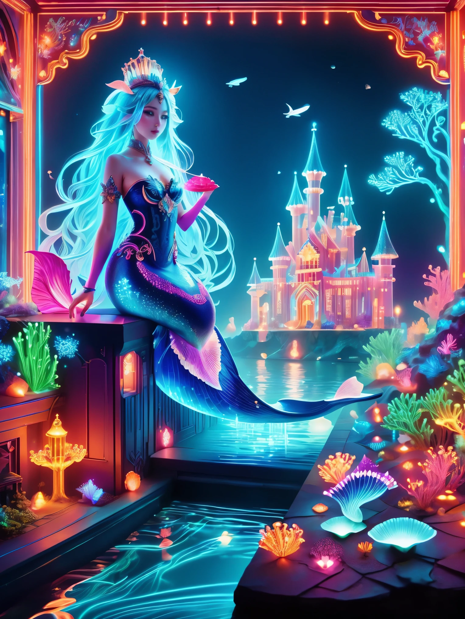 (Neon)，Circuit Board，(Underwater castle), Glowing coral, Aquatic plants, Elegant fish, Vibrant colors, (Brightly lit, illuminate), Scenes, central, (Gorgeous shell throne), (Exquisite mermaid queen:1.3), (Delicate face), Decorated with pearl and shell jewelry, Loyal subjects, Dolphin pulling cart, Castle Palace，这个神奇的Scenes充满了奇幻世界的精髓, Fine fractal，smooth，vivid，Color ink，sketch，Shiny silhouette，(Ultra HD, masterpiece, precise, Anatomically correct, textured skin, High Detail, high quality, The award-winning, 8k), Super detailed, (1.4 times more realism)