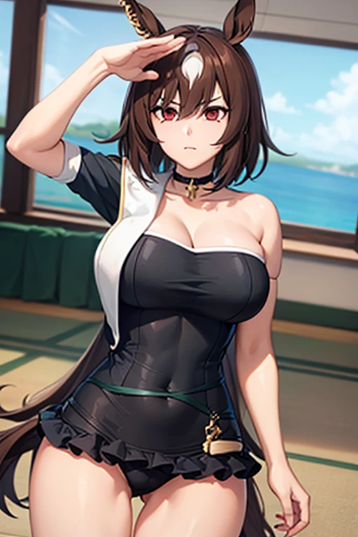 1 girl,Browsing Caution,(((Large Machine-Made Choker))),(Horse Girl), hair ornaments, high,Huge breasts, clavicle,Absurd, brainwashing,Hollow Eyes, ((Expressionless,Emotional erasure)),whole body像,((stand up, Standing still)), (highest quality、4K、8k、High resolution、Must have:1.2)、Very detailed、(reality、It is realistic.、Realistic:1.37)、Ticker、Hyper HD、Studio Lighting、Ultra High Definition Paint、Sharp focus、Physically Based Rendering、Extreme Detail、Professional specifications、Vibrancy and color、Blurred、Sports portrait、landscape、Horror Style、Anime Big Tits、SF、photograph、Concept Artist、Five Fingers, Perfect body, {{{masterpiece}}}, {{{highest quality}}}, {{Very detailed}}, {shape}, {{Very delicate and beautiful}},Improved cost performance、All Roles、Canon 5D MK4でphotograph、photograph, whole body、White background、salute、Horse ears、Expressionless、straight eyebrows、Expressionless、straight eyebrows、Expressionless、Swimwear
