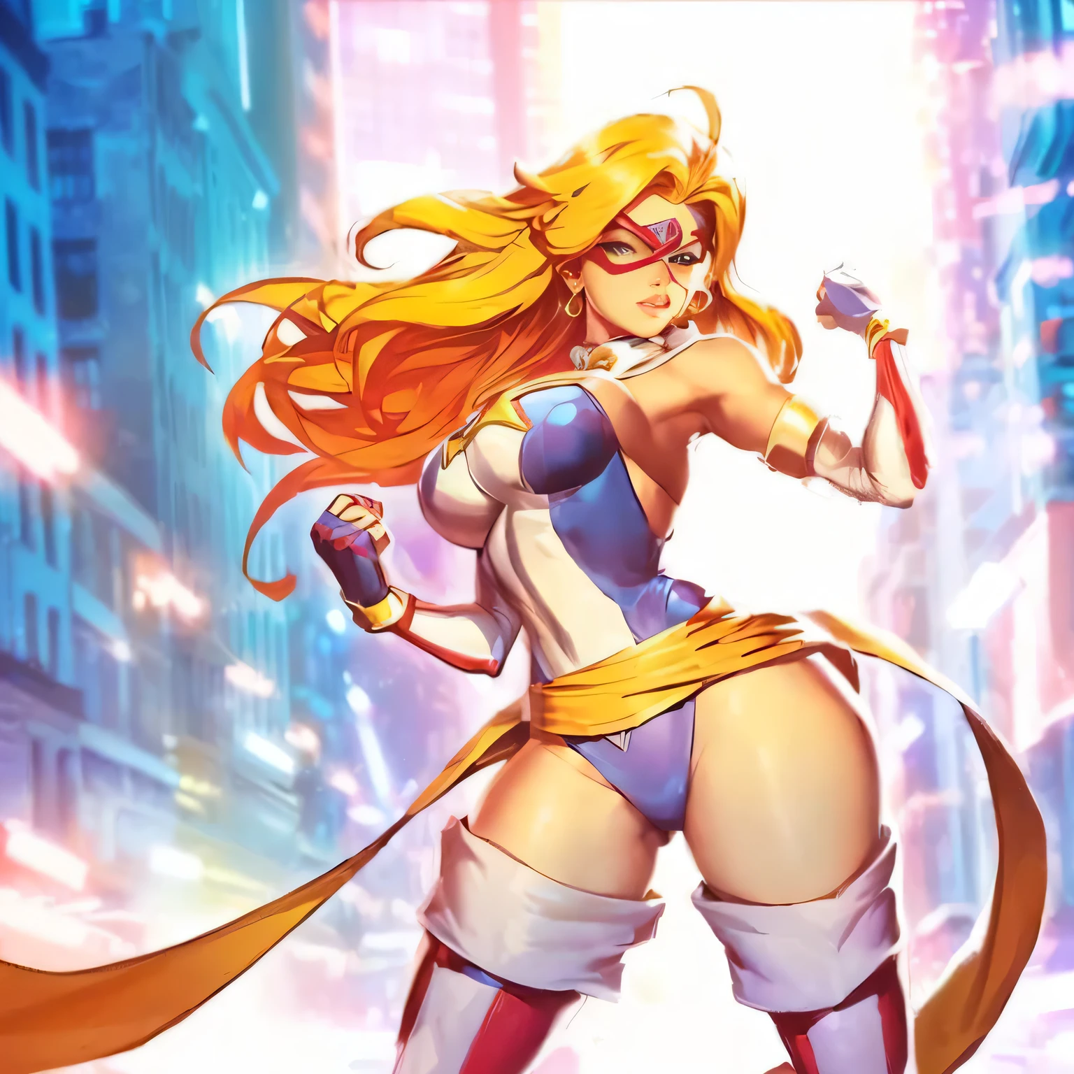 Cartoon drawing of a woman in a superhero costume holding a hammer, Power Girl, Portrait of a female anime hero, Superhero Girl, Hero pose Colorful city lights, Artgerm and Lois Van Baarle, A contemporary portrait of Darna, Artgerm Comics, Maria of Metropolis, As a retro-future heroine, Starfire, Artgerm Style
