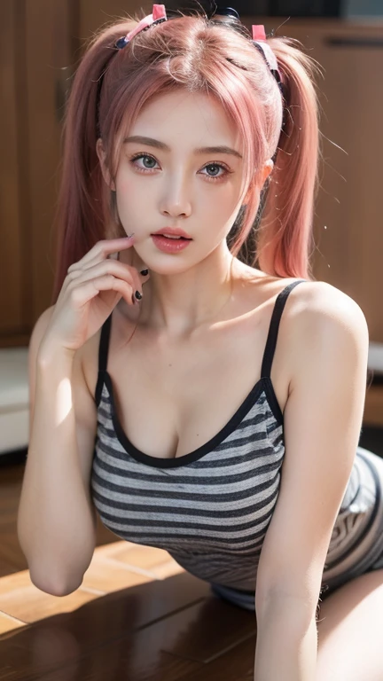 8k,ultrahd,21yo girl, pink hair, (twintail Hair). Bitting her lower lip while closing her eye,detailed striped camisole croped tank top:1.4), show shoulders, cleavage, show big thigh, natural big brseast,hands holding breasts,plumpy body, doggy pose, open her mouth