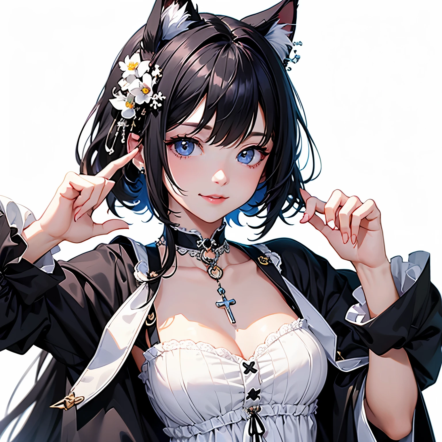 (highest quality, masterpiece, High resolution)、4K Anime Art、girl、Black Hair、White Cat Costume、Cat ear、 hair ornaments、choker、Captivating smile、Medium Chest、Nyan Pose、Cinematic Light、Soft Light、((White Background))、