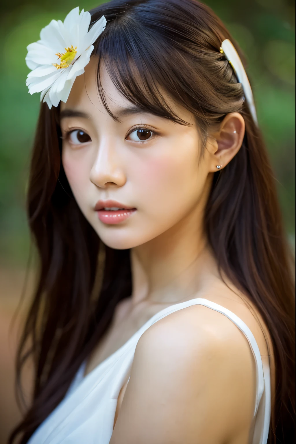a close up of a woman with a flower in her hair, beautiful asian girl, beautiful south korean woman, beautiful young korean woman, korean girl, korean woman, asian girl, by Torii Kiyomoto, beautiful asian woman, japanese model, gorgeous young korean woman, jaeyeon nam, japanese goddess