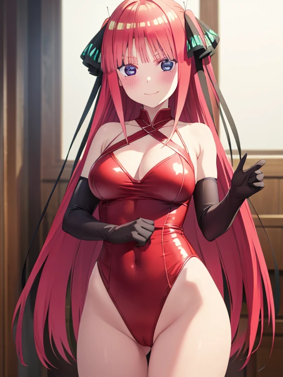 best quality, ultra-detailed masterpiece, nino nakano, blush, smile, (red leotard:1.2), elbow gloves, halter neck,bare shoulders, victory pose, (See-through clothes), pussy focus