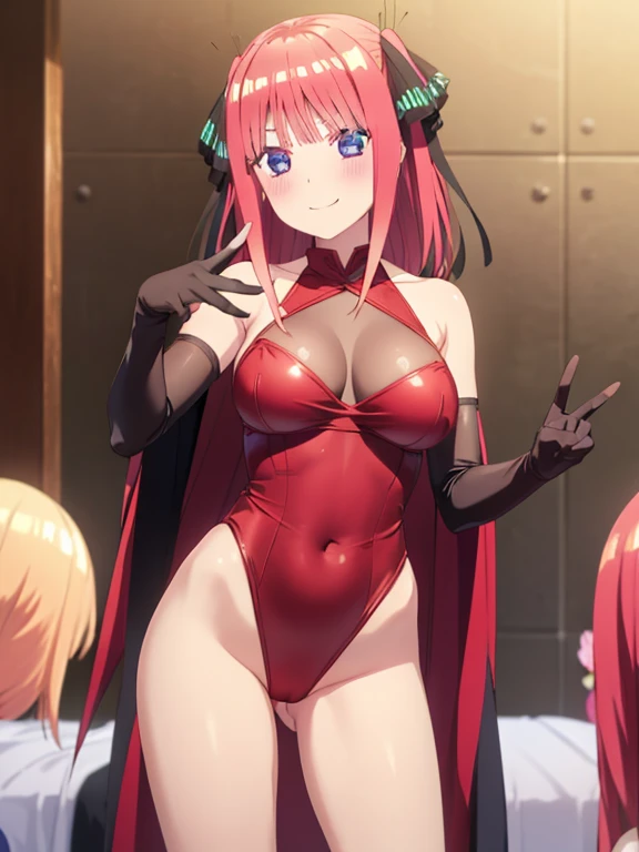 best quality, ultra-detailed masterpiece, nino nakano, blush, smile, (red leotard:1.2), elbow gloves, halter neck,bare shoulders, victory pose, (See-through clothes), pussy focus